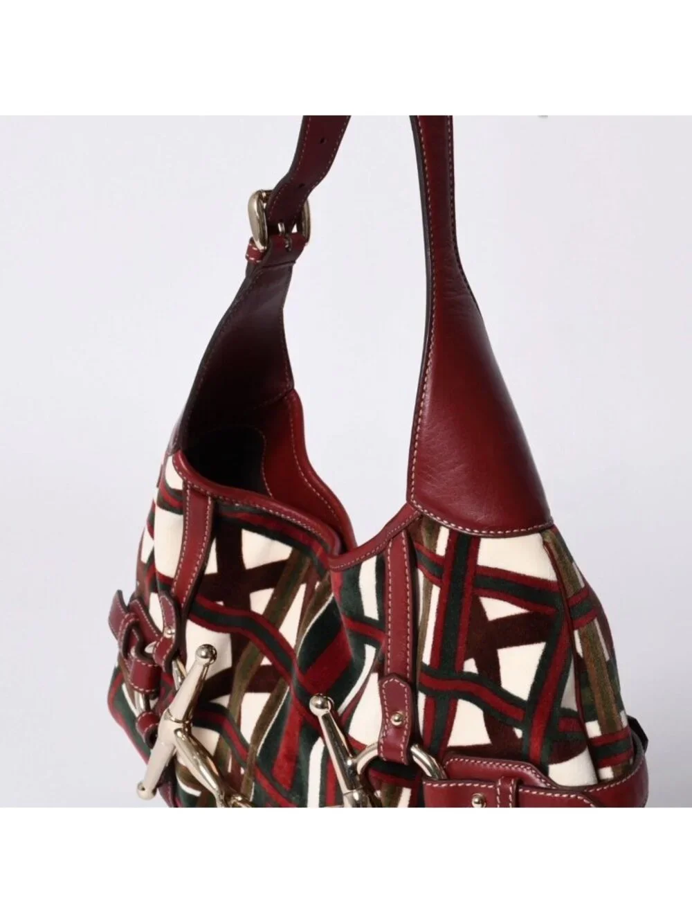 Gucci Horsebit Hobo Red Multicolor Velour Leather Silver
